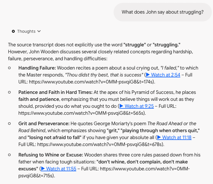NotebookLM answer with Watch at timestamp links to the original YouTube recording