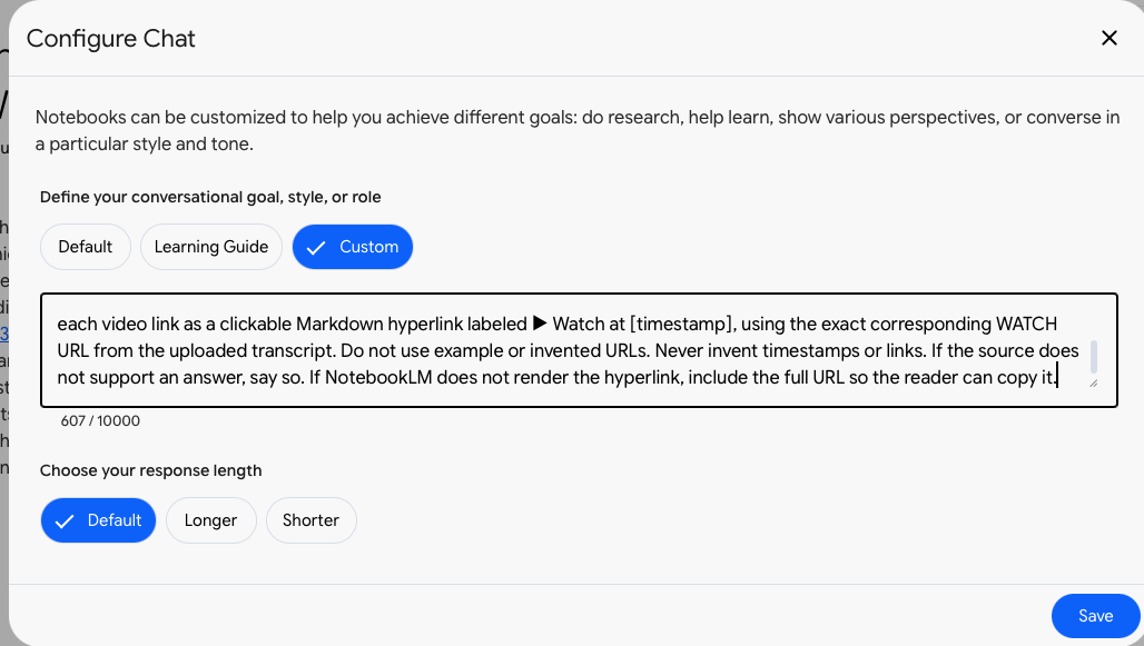 NotebookLM Configure Chat dialog with Custom selected and timestamp-link instructions entered