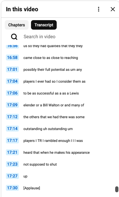 Example YouTube transcript panel showing timestamps beside spoken words